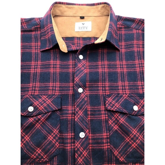 Zity Mens Lightweight Long Sleeve Flannel Shirt Large Red Plaid Button Pockets - Picture 4 of 9